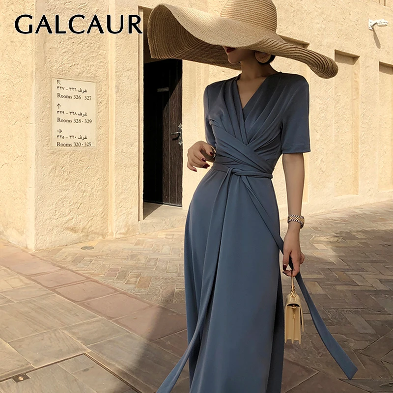 

GALCAUR Lace Up Silk Dress Female V Neck Half Sleeve High Waist Ruched Women's Dresses Autumn Fashion 2020 Clothing Tide