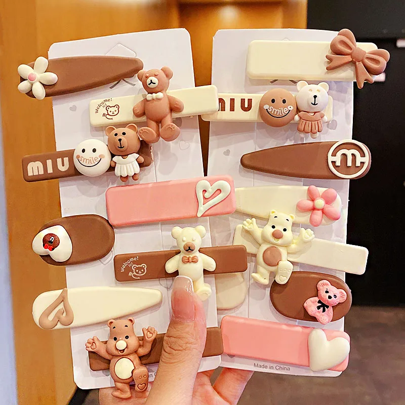 

Заколки для волос для девочек, милые зажимы для волос с мультяшным медведем, сердцем, бежевые и коричневые цвета, модные аксессуары для воло...