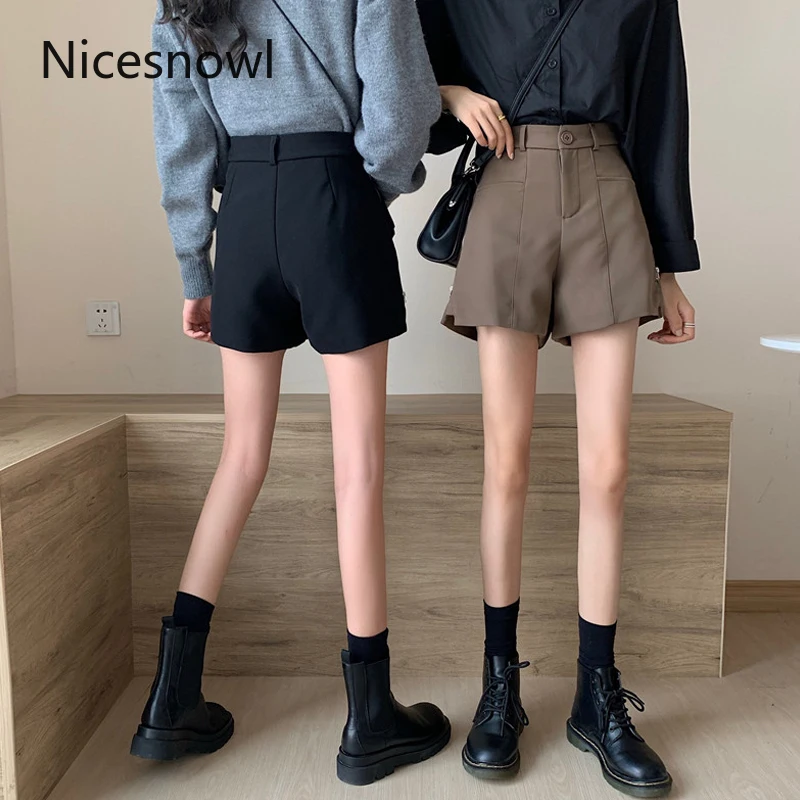 

Shorts Womens High Waist Elegant Side Zipper A-Line Design Solid Simple Button Leisure Slim Trendy Korean Style Female Chic Lady