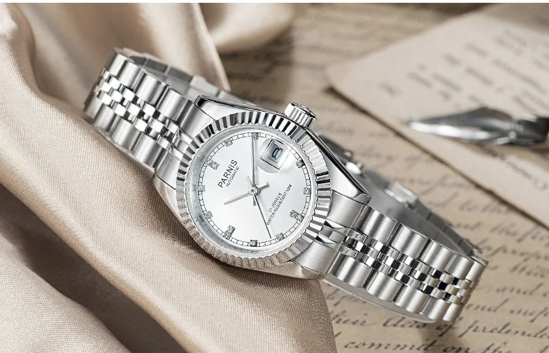 Роскошные часы Parnis 26 м с серебряным циферблатом oyster ободок автоматический 21 Jewels