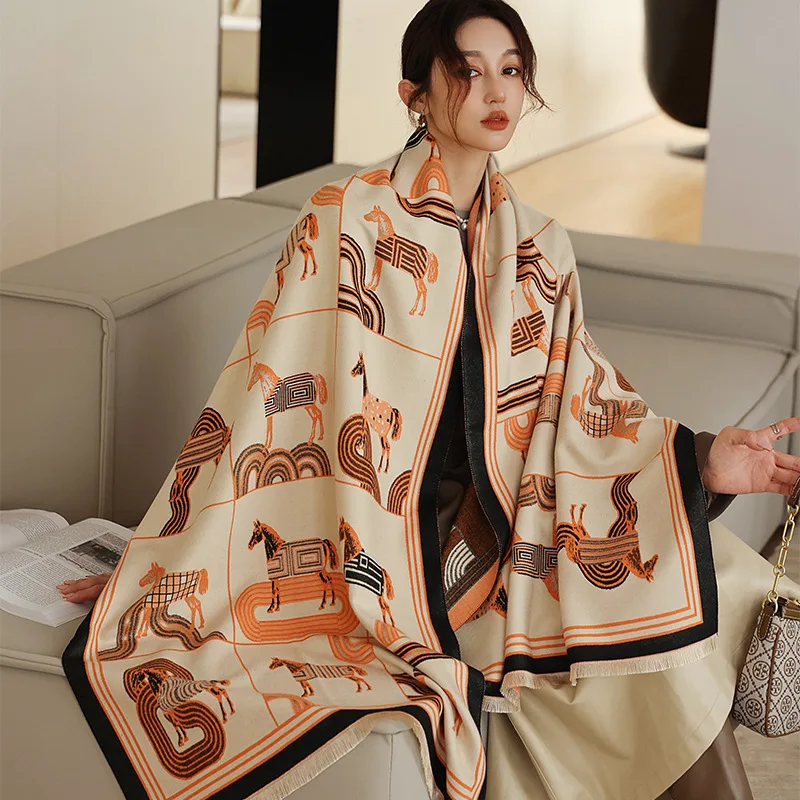 

Thick Warm Winter Luxury Designer Print Horse Scarf Women Cashmere Pashmina Shawl Lady Wrap Scarves Female Foulard Blanket