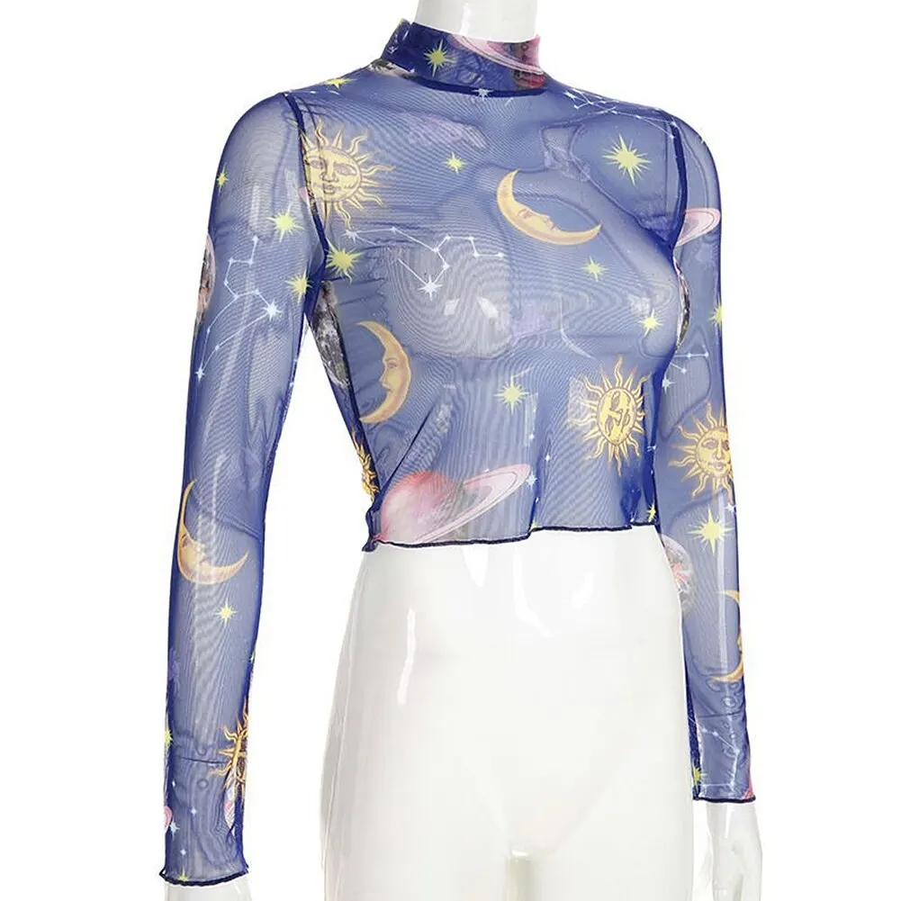 Сетчатая майка y2k топ для девушек прозрачные майки с Луной звездой планетой