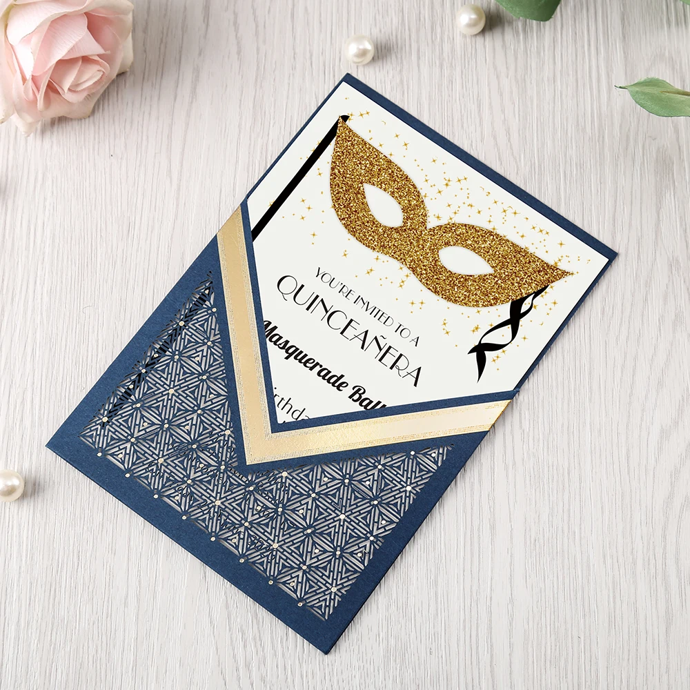 

100pcs Navy Blue laser cut flor Pocket Invitations Greeting Cards with Envelope Customized Party,CW0009