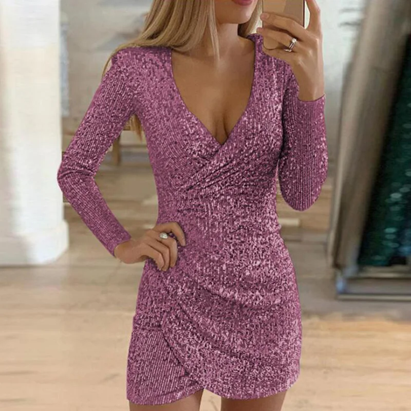 Сексуальное женское платье с открытой спиной золотыми блестками длинным рукавом