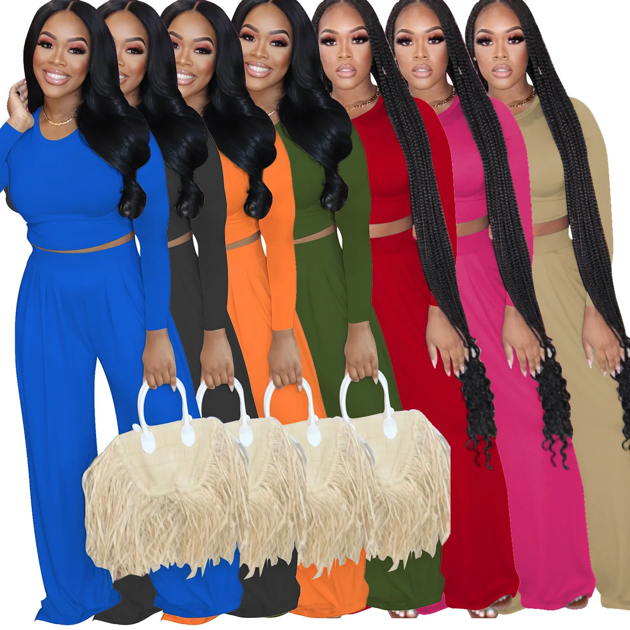 

Black Two Piece Set for Women Long Sleeve Crop Top Wide Leg Trousers Suit Loose Pants Outfit Autumn Clothing Female Fall Clothes