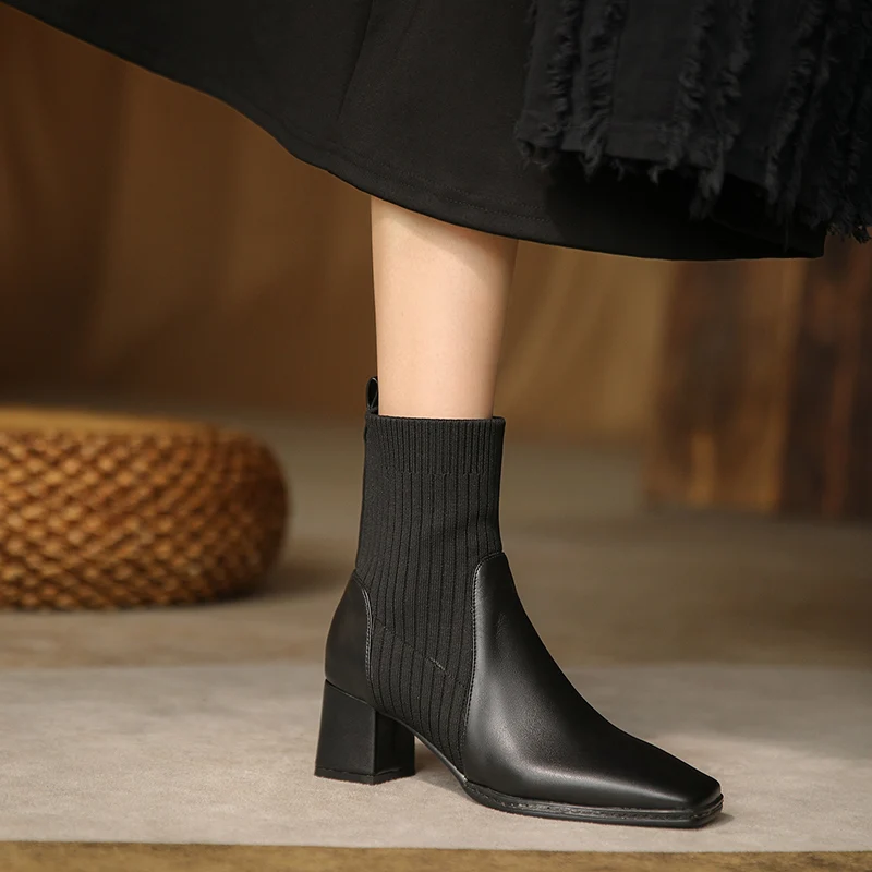 

Fashion Elastic Socks Boots For Women's Square Toe Boots Women Autumn Heels Shoes Female Thick Heel Short Boot Femmes Bottes