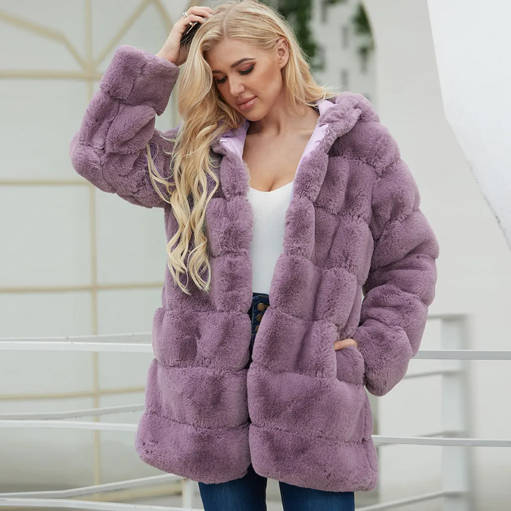CHAMSGEND, Женское пальто из искусственного меха, с капюшоном, с воротником, с длинным рукавом, осень, зима, теплая куртка, верхняя одежда для женщин, мохнатое пальто, верхняя одежда
