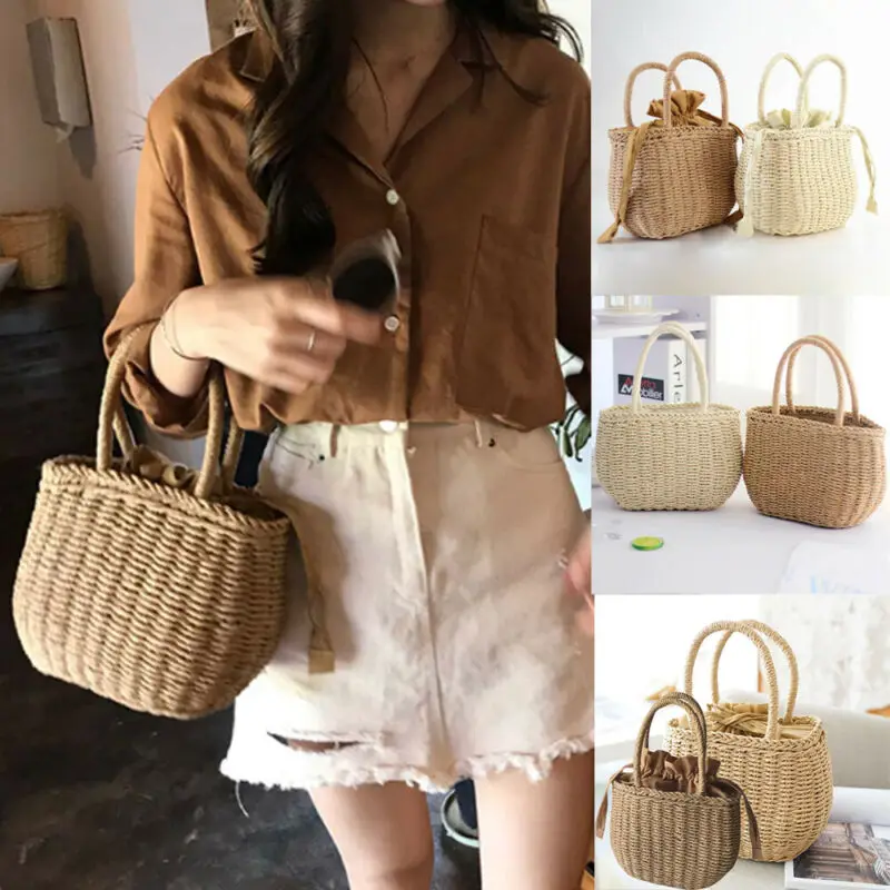 

New Women Straw Bag Woven Round Rattan Handbag Crossbody Summer Beach Drawstring Bags