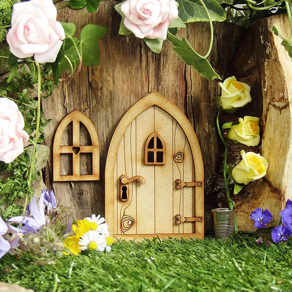 

1set 3D Wooden Fairy Garden Door Craft Kit DIY Vintage Miniature Door DollHouse Door Christmas Decoration Accessories Home Decor