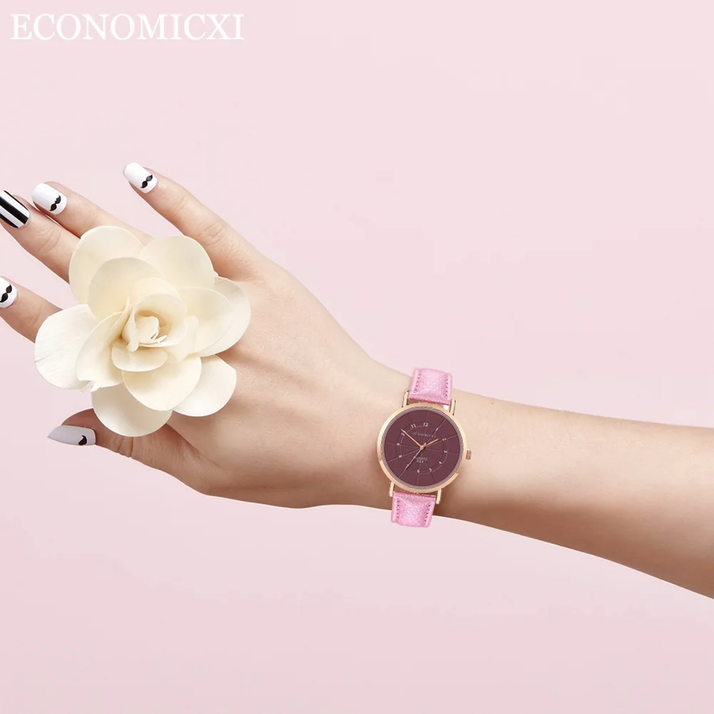 Популярные женские классические кварцевые часы с кожаным ремешком простые