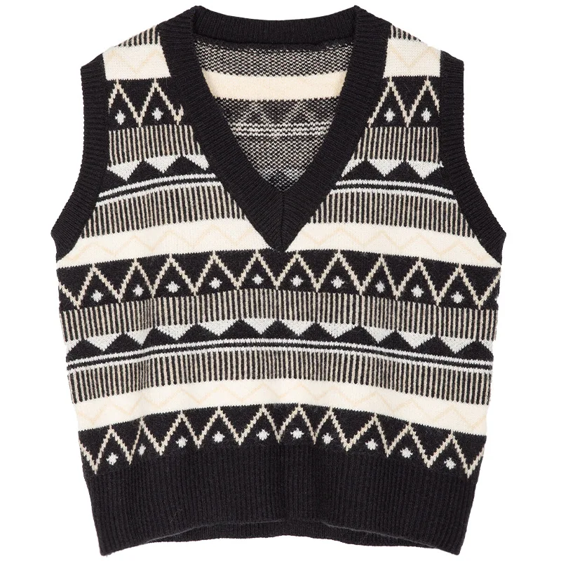 

Women's Vintage Sleeveless Side Vents Female Waistcoat Chic Tops Knitted Vest Female V-Neck Oversized Fashion Print Vest Women