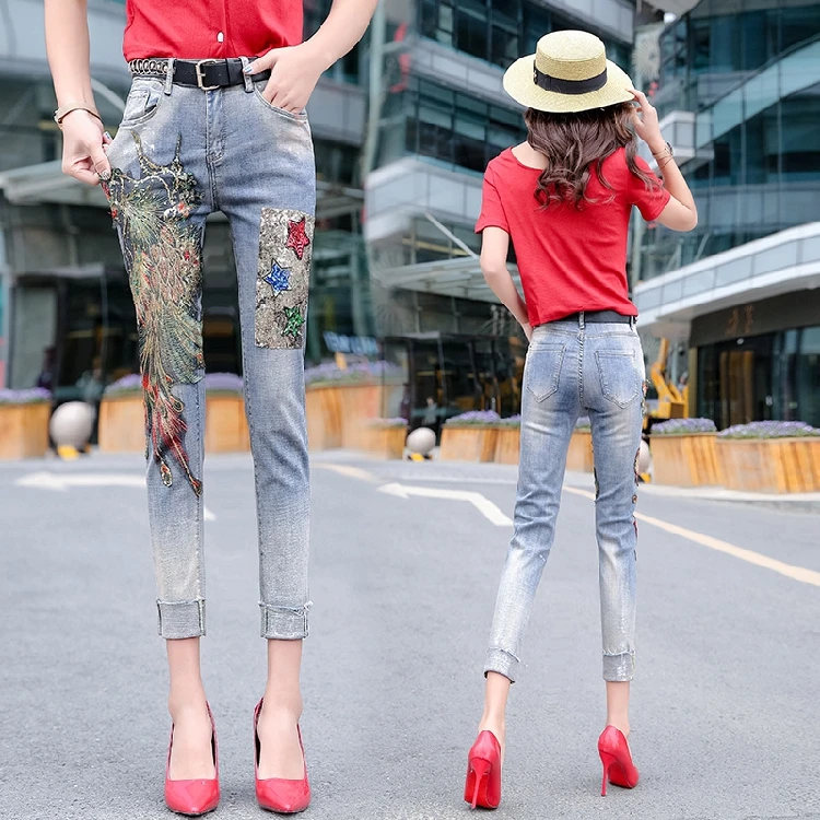 

Jeans Woman Pants New Autumn/winter Embroidery Phoenix High-waisted Loose-fitting Denim Pencil Pants Skinny Jeans Woman Mujer