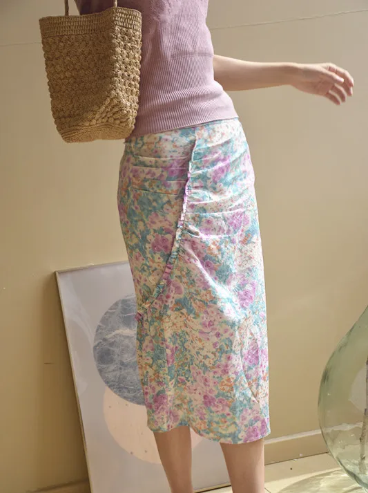 Women Floral Sexy Wrap Skirt Female High Waist Ruffle Pleated Midi Skirts