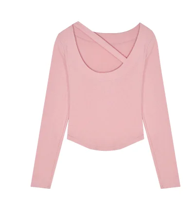 

Женская короткая футболка han на раннюю осень, облегающая и универсальная, тонкая, с нижней рубашкой и розовым топом с длинным рукавом