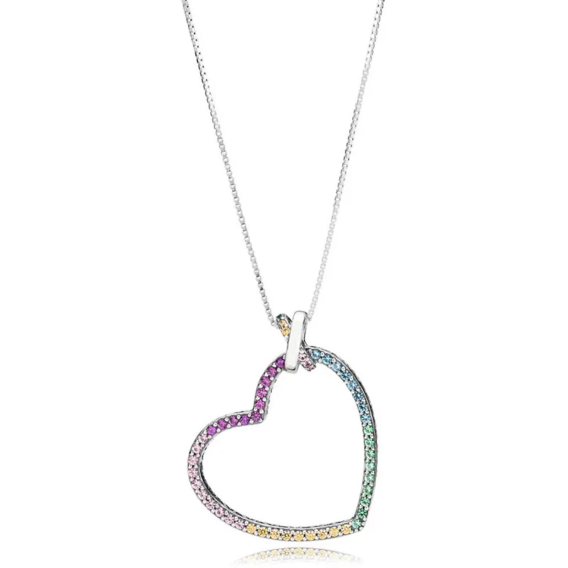 

Fit Original Pans Shine Heart Necklace 925 Sterling Silver Colorful Love Pendent Choker Link Chains Neckalces Jewelry Gift