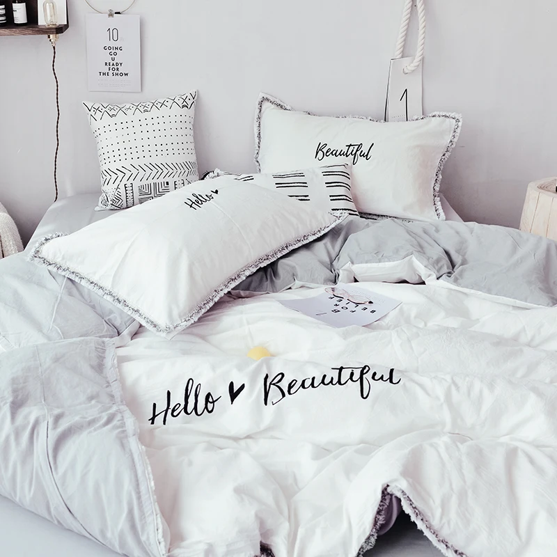 

White Double Bedding Sets Duvet Cover Cotton Comfortable Nordic Queen Size Bedding Set Luxury Parure De Lit Home Textile DG50BS