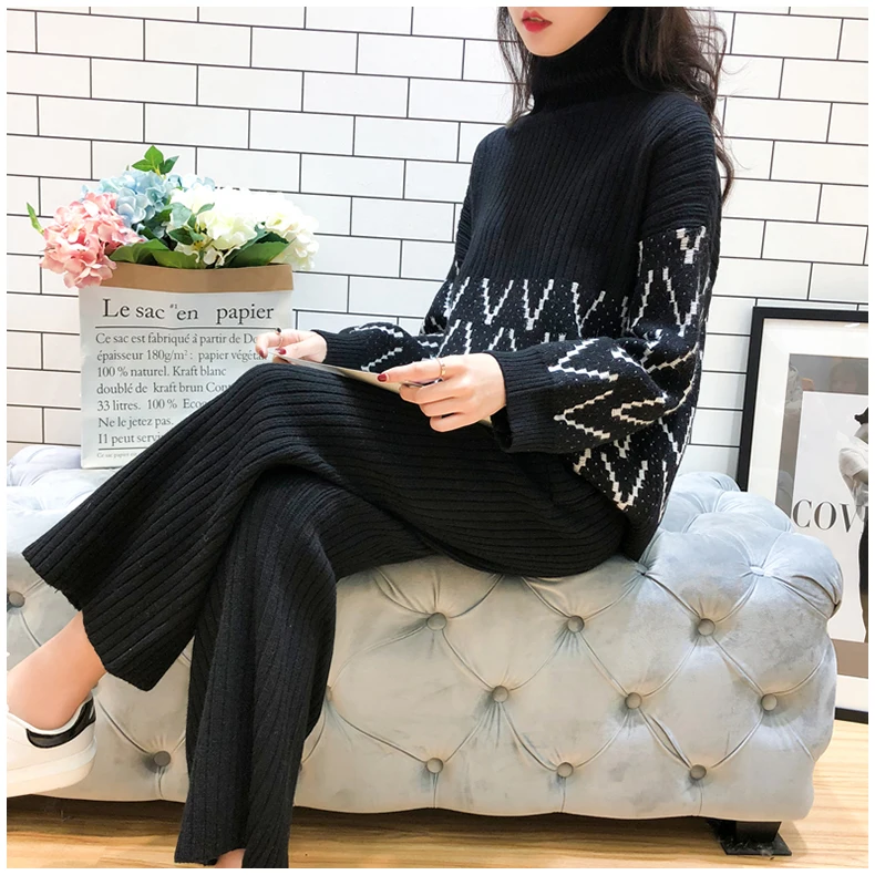 ALPHALMODA, Зимний пуловер с круглым вырезом, Свободный вязаный свитер+ широкие вязанные штаны, Женский Повседневный костюм из 2 предметов, черный и синий цвета