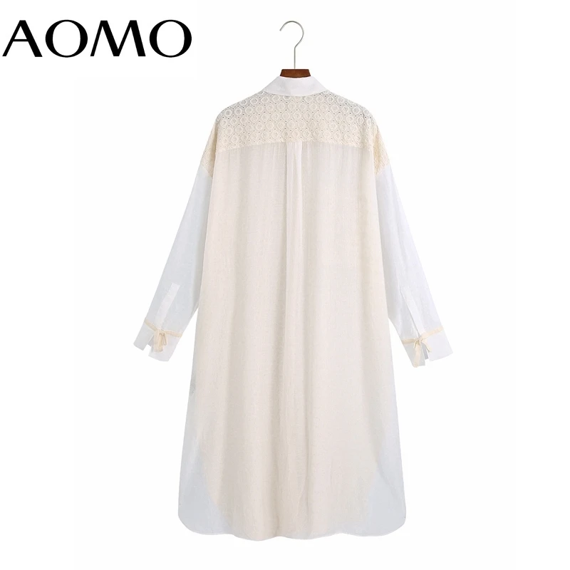 

AOMO 2021 Fashion Women Oversized Pocket Patchwork Embroidery Shirt Dress Vintage Long Sleeve Office Ladies Midi Dress 6Z115A