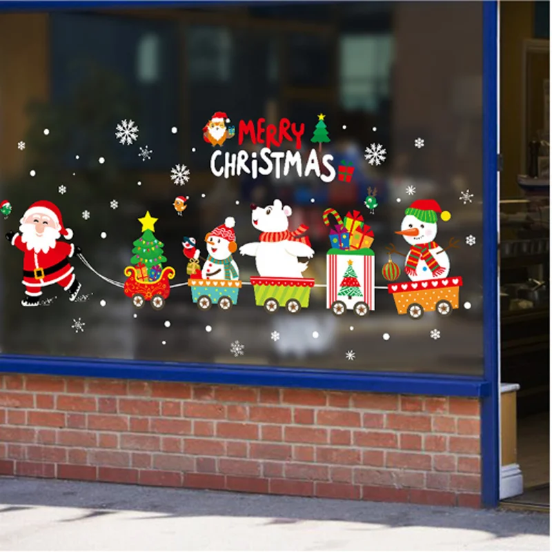

santa claus pulls the train christmas Wall Sticker for Glass window home decoration Mural Decals New Year stickers