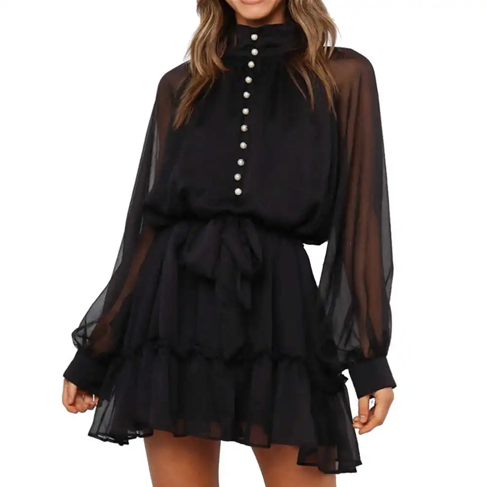 

Black Sexy High Neck Mini Dress A-Line Long-Sleeve Turtlenck Fashion Dress Bandage Mini Dresses