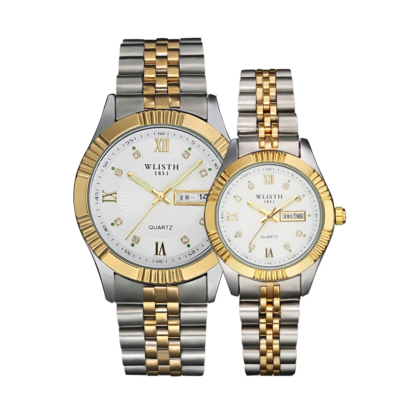 

Golden Stainless Steel Quartz Couple Watch Fashion Business Waterproof Luminous Men's Women's Double Calendar Gifts Watches