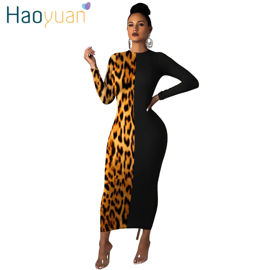 Женское облегающее платье с леопардовым принтом длинным рукавом|Женские платья|