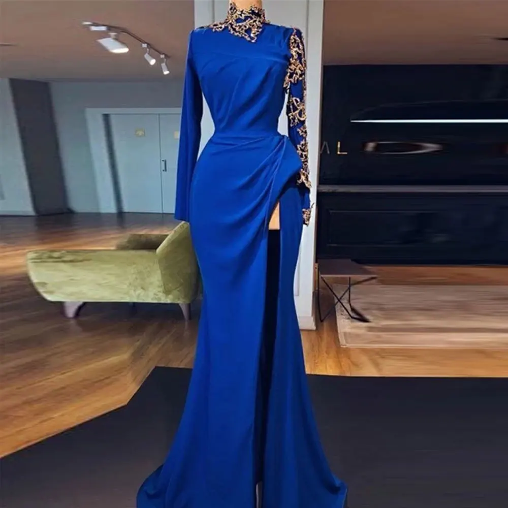 

High Collar Evening Dresses Mermaid / Trumpet Hunter Sweep/Brush Party Gowns Applique Beading long-sleeved Fold Party Dresses