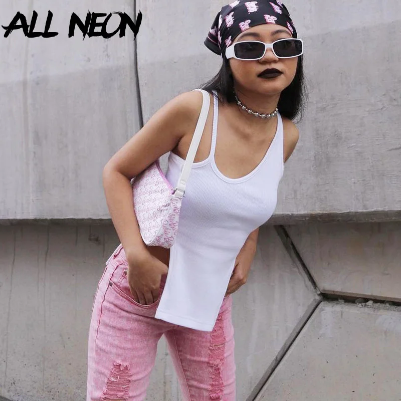 

ALLNeon E-girl Aesthetics Sleeveless White Tank Tops Y2K Streetwear Anomalistic Neck Backless Slit Crop Tops Summer Vests Chic