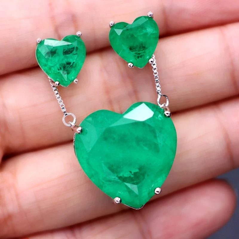 

EYIKA Luxury Green Blue Fusion Crystal Stone Heart Jewelry Set Pendant Necklace & Stud Earrings for Women Wedding Party Jewelry
