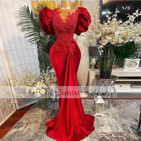 red prom dress mermaid with ruffles sleeves mermaid appliques lace evening dress robe de soiree longue