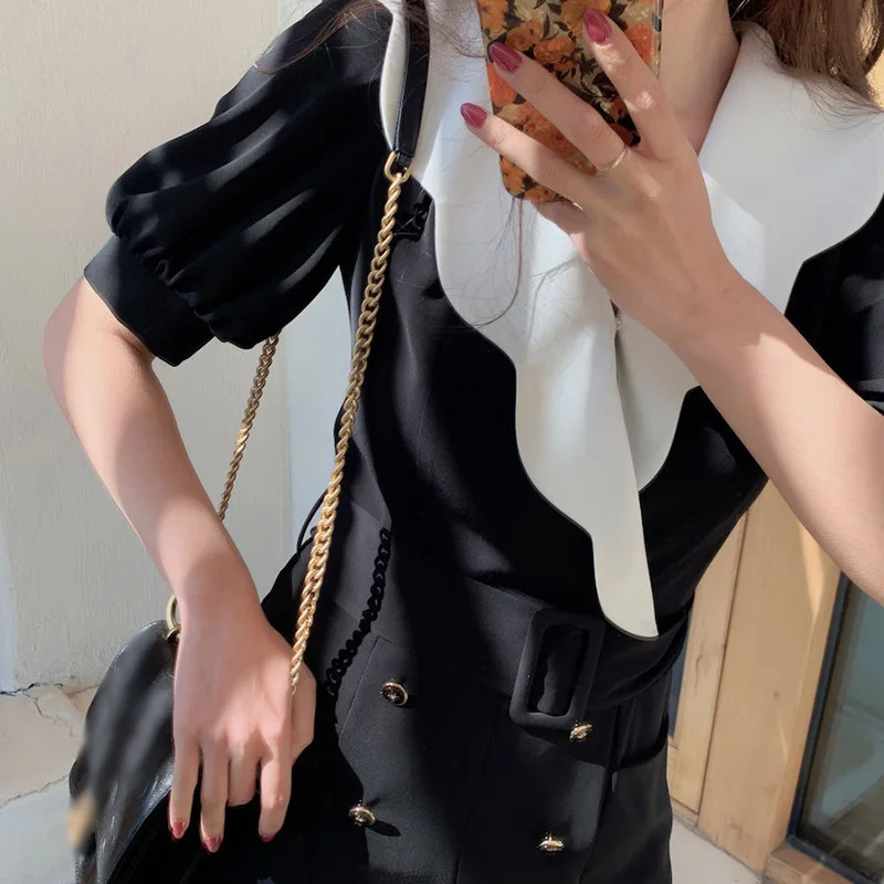 

VGH Hit Color Vintage Jumpsuits For Women V Neck Puff Short Sleeve High Waist Sashes Slim Shorts Casual Playsuits Female Fashion