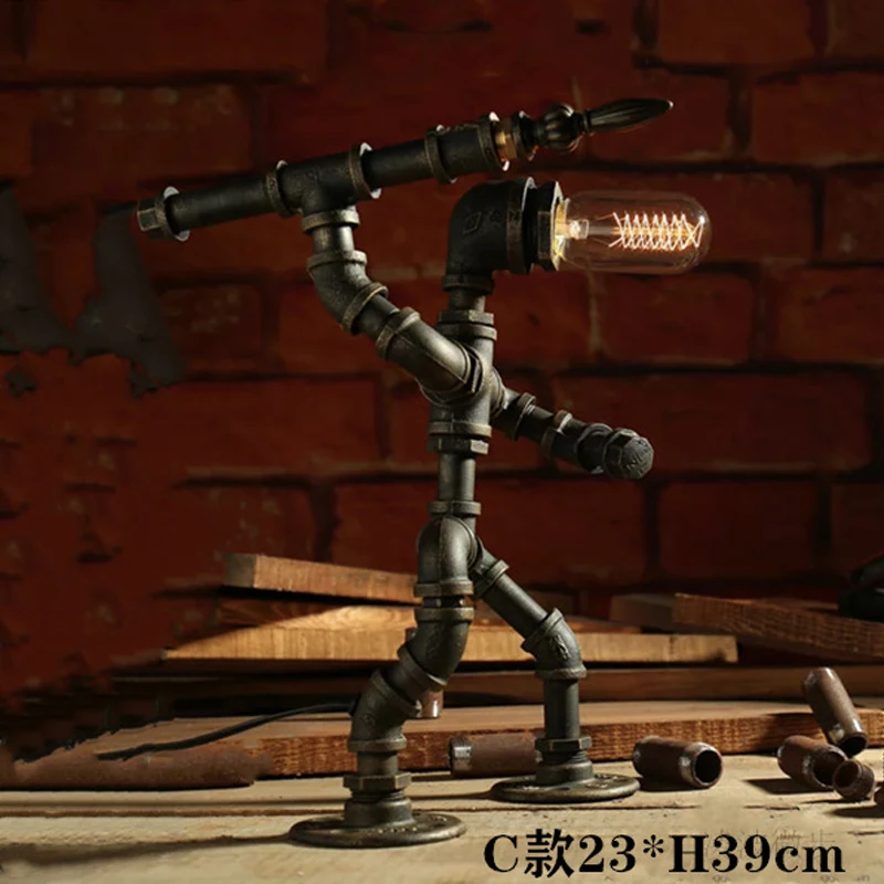

Vintage Iron Tube Edison Led Table Light Fixture Loft Decor Indusrial Lamp Coffee Bar Creative Water Pipe Robot Retro Table Lamp