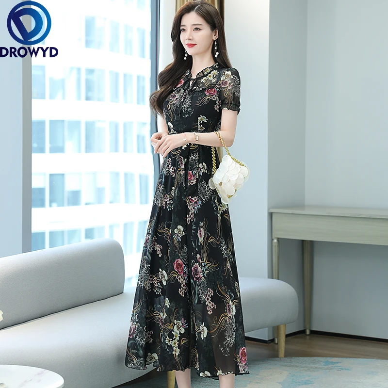

2021 Summer Beach Maxi Dress for Women New Lotus Leaf Collar Dress Short Sleeve Printing Retro Temperament Waist Slimming Dress