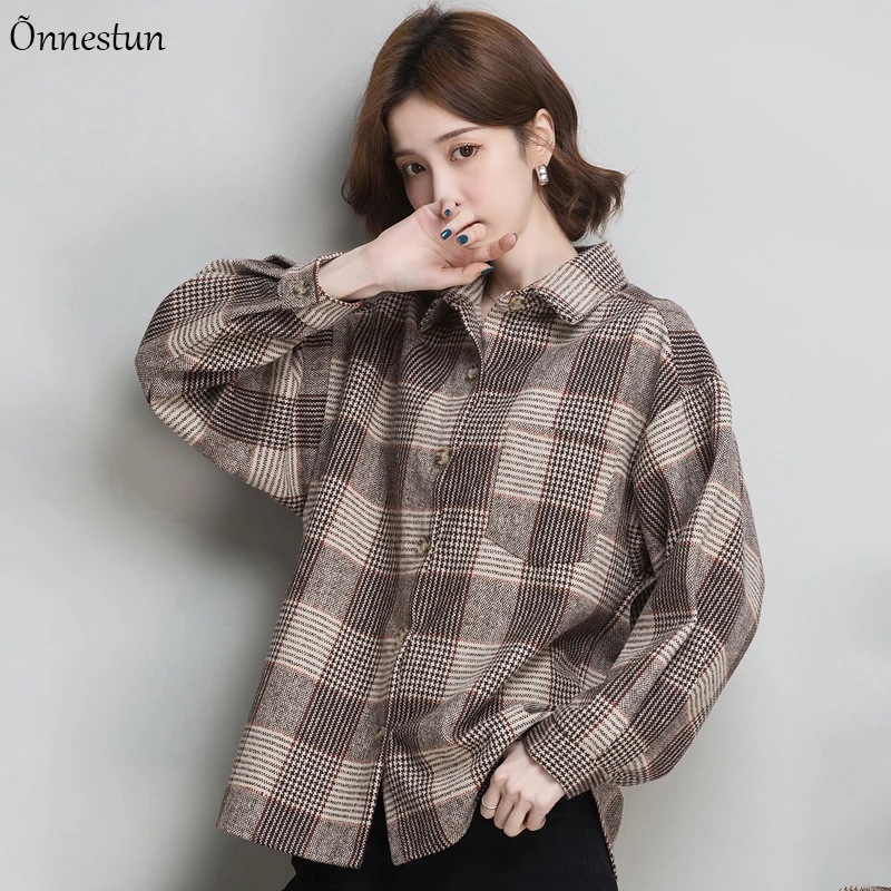

Plaid Women's Shirt 2021 New Spring Autumn Top Female Vintage Women Clothing Woolen Loose Fashion Women Blouses