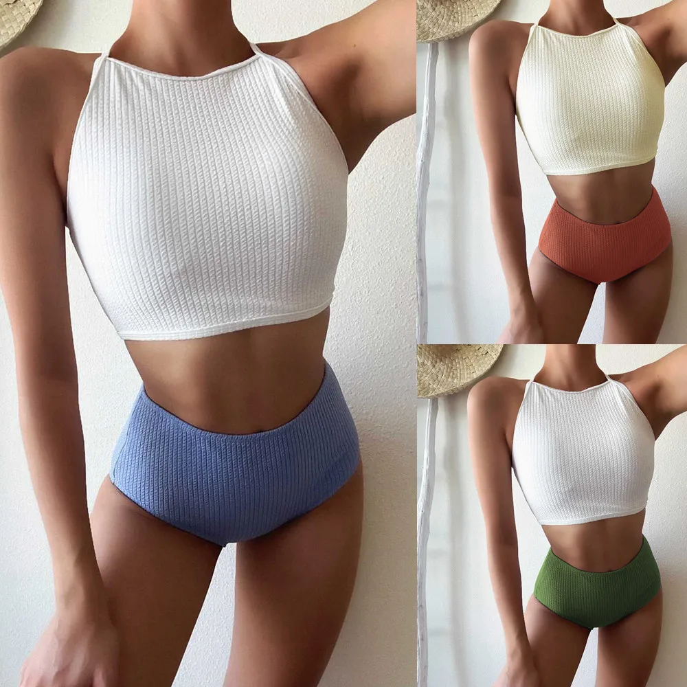 

New Lace Up High Neck High Waist Bikini Female Swimsuit Women Swimwear Two-pieces Bikini set Bather Bathing Suit Swim Lady