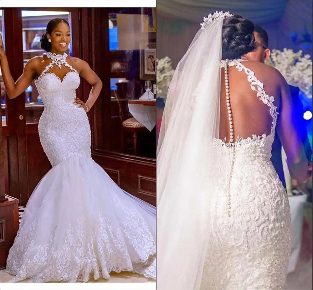 

Halter Mermaid Wedding Dresses 2021 Tulle South African Designer Applique Beaded Sequins Top Wedding Dress Bridal Gowns Cheap