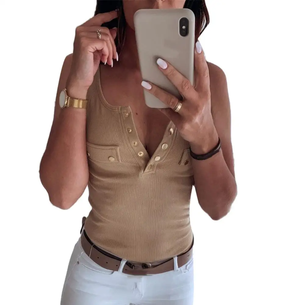 Женская блузка в рубчик с V-образным вырезом без рукавов | одежда
