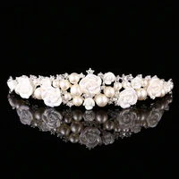 pearl crystal bride tiaras and crown headdress hair jewelry ceramic flowers headband women wedding hair accessories jl