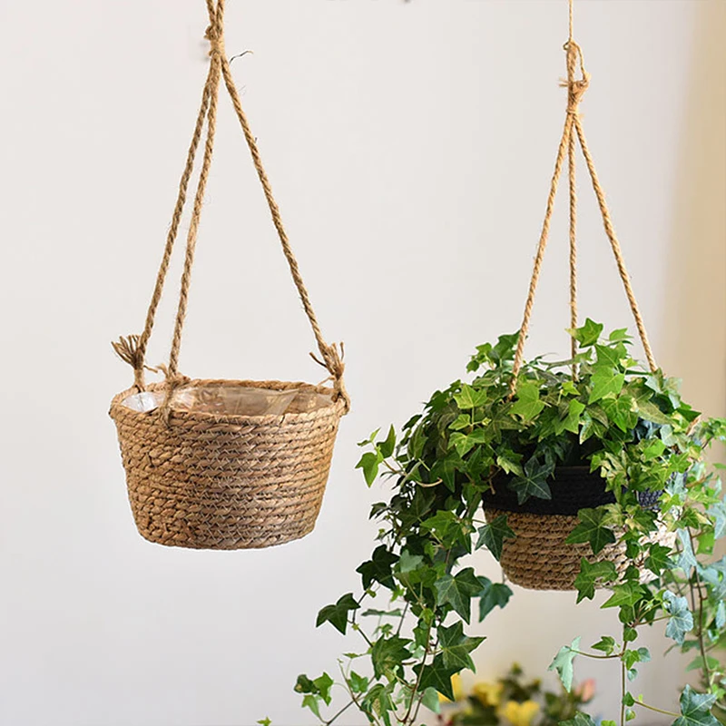 

Straw Hanging Planter Basket Indoor Plant Hanging Storage Baskets Hand Knitting Woven Flower Pot Rattan Patio Garden Decoration