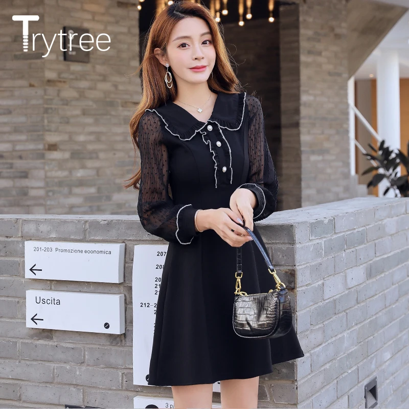 Осеннее платье Trytree 2020 повседневные женские сетчатые мини-платья в стиле пэчворк