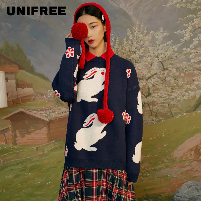 Unifree winter 2019 new women's long sleeve loose print casual warm sweater trend U194K361RR | Женская одежда
