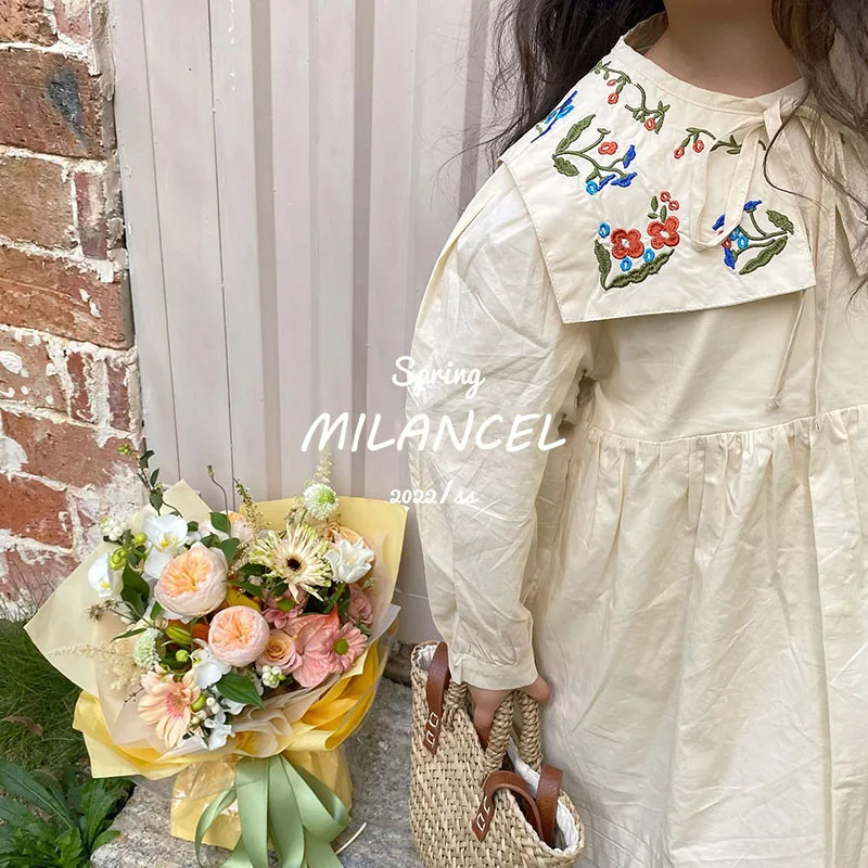

MILANCEL 2022 Spring New Kids Clothes Embroidery Collar Girls Dress Cotton Long Sleeve Girls Dresses Detachable Collar