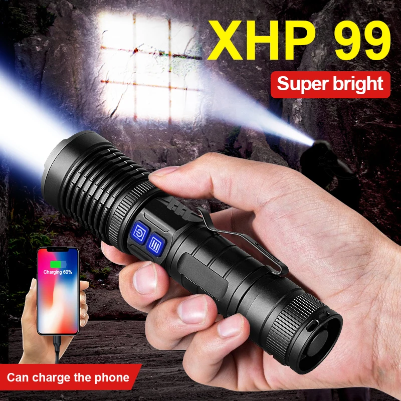 Super XHP99 Leistungsstarke Led Taschenlampe 18650 High Power Led Taschenlampe Licht XHP 70,2 Wiederaufladbare Taktische Taschenlampe Usb Zoom hand lampe