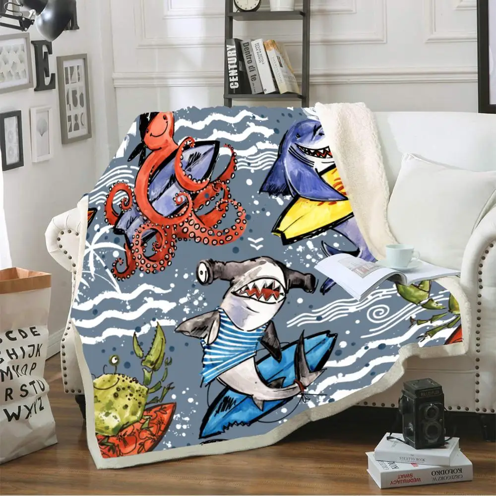 

Cute Cartoon Kids Sea Shark Sherpa Blanket Plush Warm Sheet Marine Life Home Office Nap Keep Warm Blanket Machine Washable