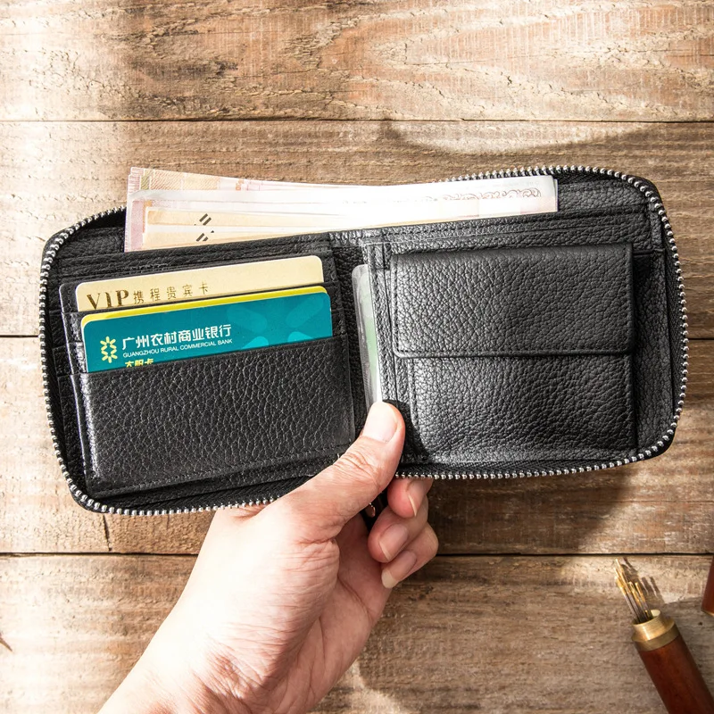 Мужской кошелек короткий из натуральной кожи на молнии Многофункциональная