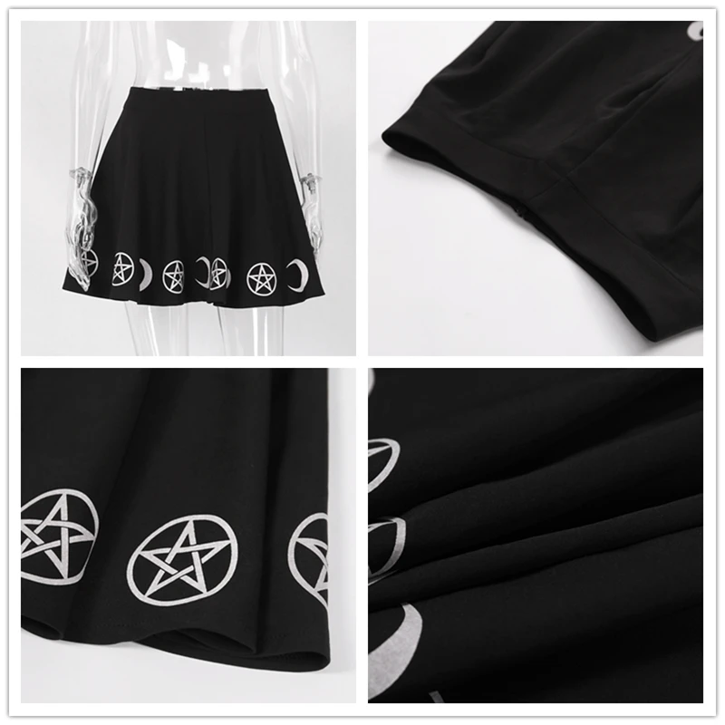ImilyBela Gothic Casual Mini Skirt Women Sexy High Waist Print Black A-line Skirt Empire Draped Punk Style Streetwear Jupe Femme