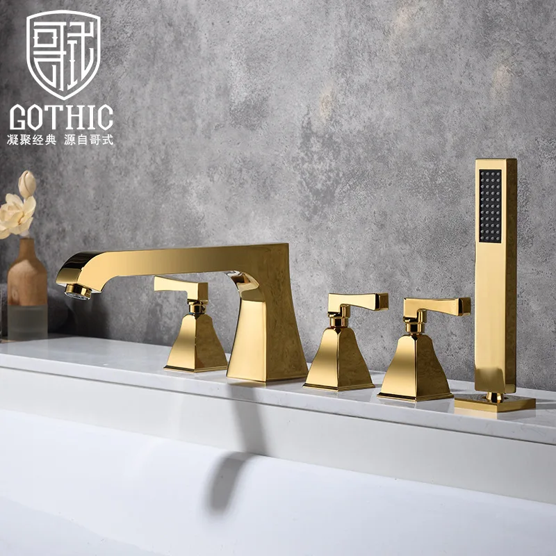 

Gothic European Bathtub Faucet Hot And Cold Water Mixer Tap Deck Mount 5 PCS Golden Three Hole Tub Faucet With shower Head Set