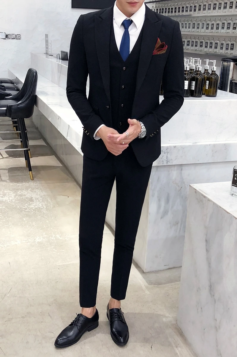 

Men's Suit Set Autumn New Suit Set Korean Slim Fit Three-Piece Suit Set Male Gentleman English Style