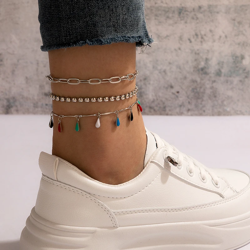 

Элегантный набор ножных браслетов с кисточками и камнями для женщин, простой геометрический красочный Регулируемый орнамент для ног, ювели...