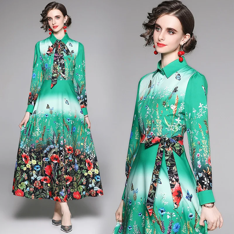 

Euro-American England Style Elegant Fashion Green Floral Deisgn Print Shirt Dress Women Clothing Vintage Long Sleeve Maxi Dress